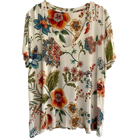 Johnny Was Floral V Neck Top Bamboo Bohemian Colorful women’s Size L / XL Read - Picture 1 of 7